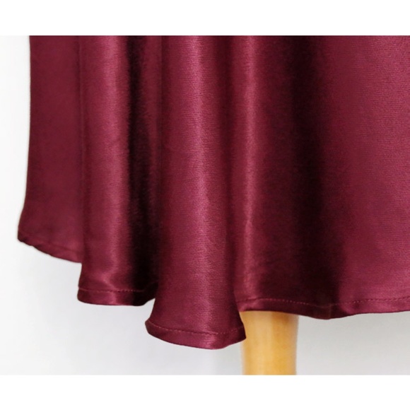 Wine Silky Satin Bias Cut Flowy Drape Midi Skirt - Picture 7 of 8